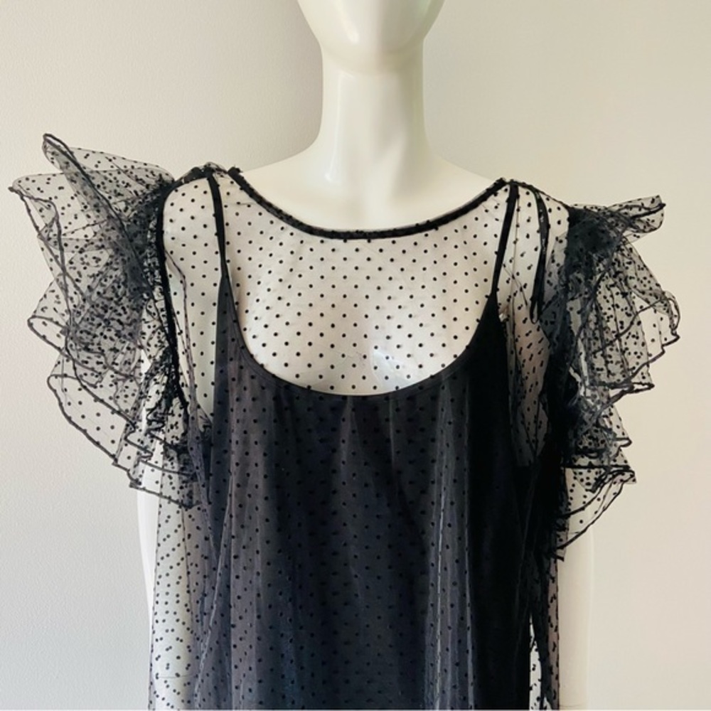 City Chic Spotty Time top in black, short frilled sleeves, dobby spot top Size22 - Picture 2 of 14